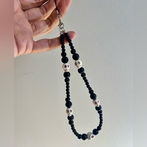 Halloween Beaded Skull Cell Phone Strap Charm, Black and White Glass Beads